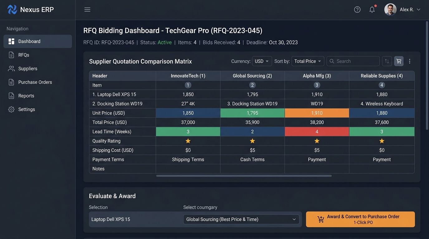 ERPPWA RFQ Bidding Matrix SaaS UI