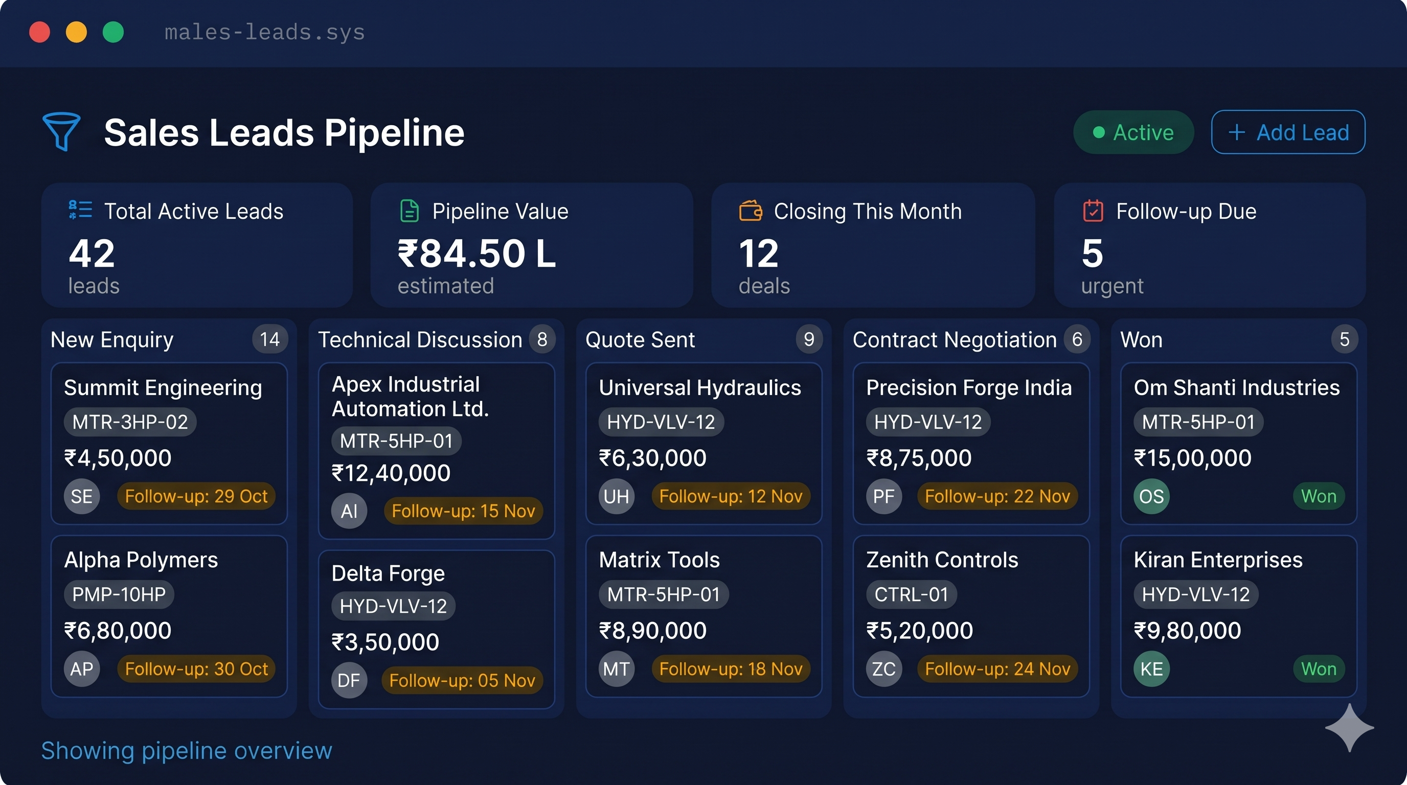 ERPPWA lead management board with drag-and-drop pipeline stages, assigned salespeople, and scheduled follow-up dates.