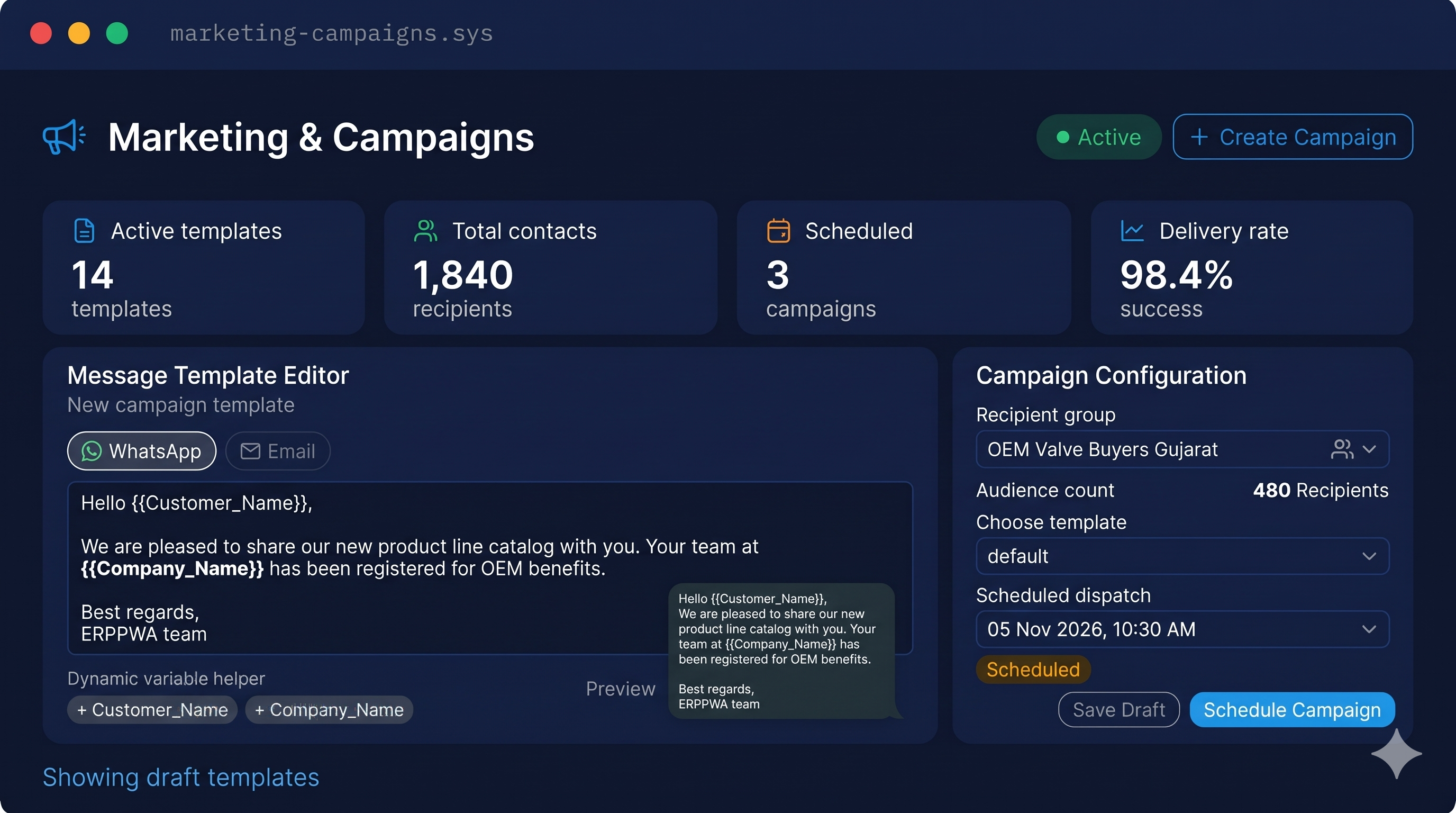 ERPPWA marketing management module showing reusable WhatsApp message templates and scheduled customer campaign lists.